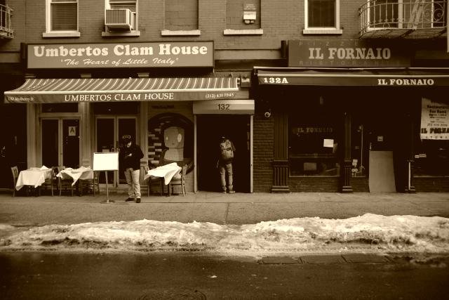 Umberto's Clam House on Mulberry Street, Little Italy. Joseph Gallo was shot dead at the restaurant in April 1972, at its original address a short distance from where it trades today.